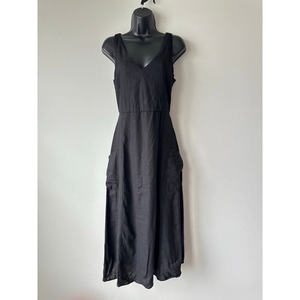 Maison d’Amélie Paris Black Linen Midi Dress Minimalist Pocket Dress Size S